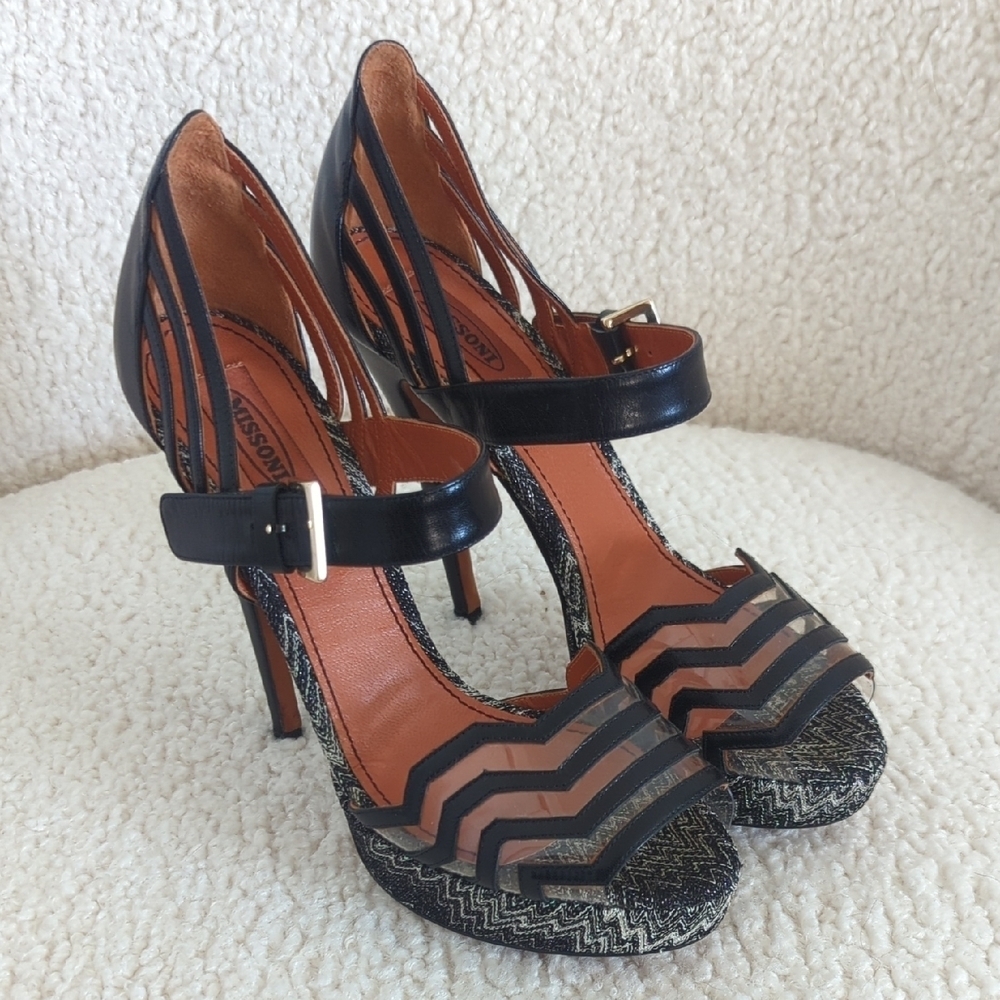 Missoni Striped Black and Tan Platform Heels - Picture 1 of 12